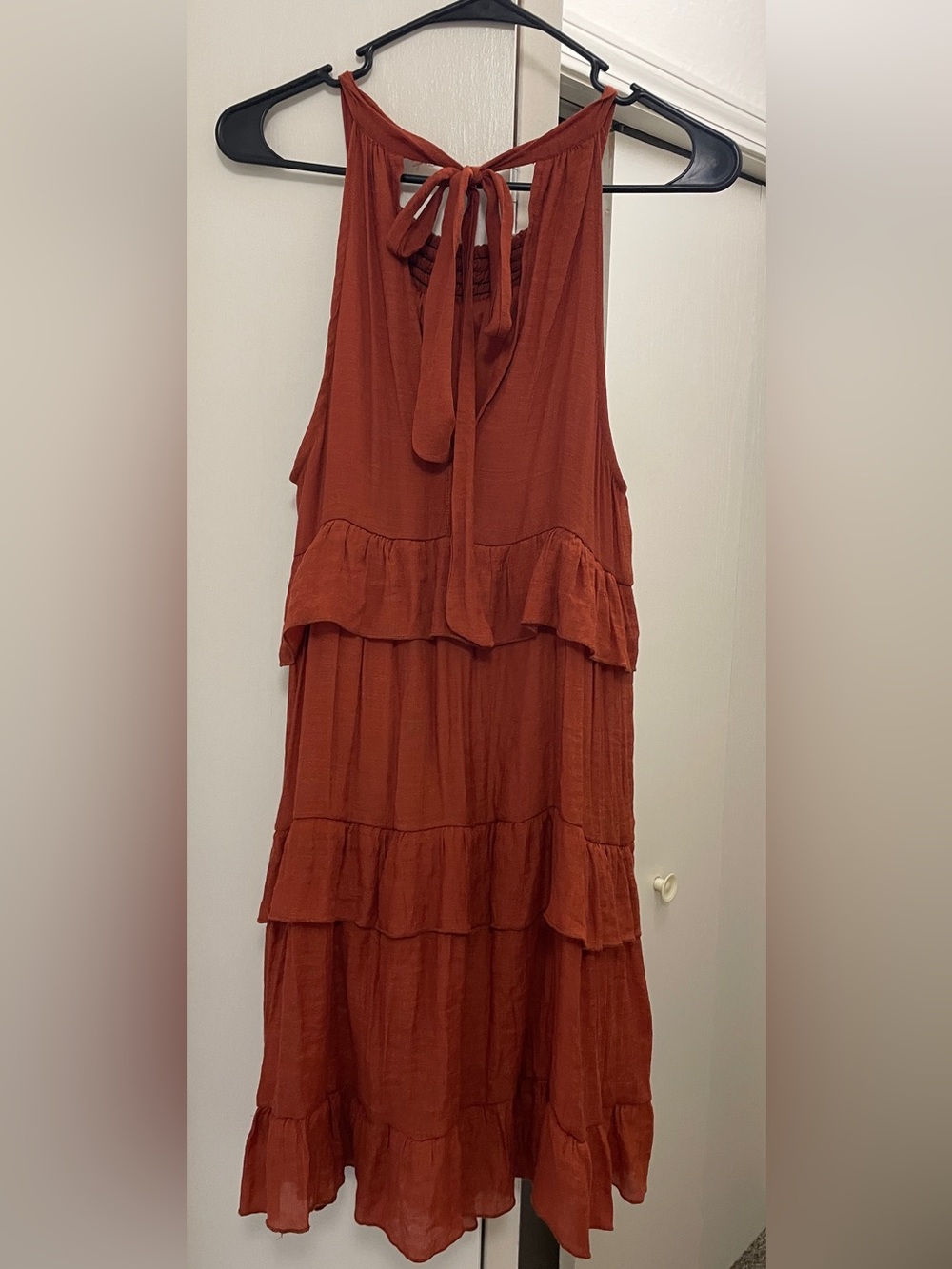 Rust Tiered Dress with Ruffle Details and Tie Back